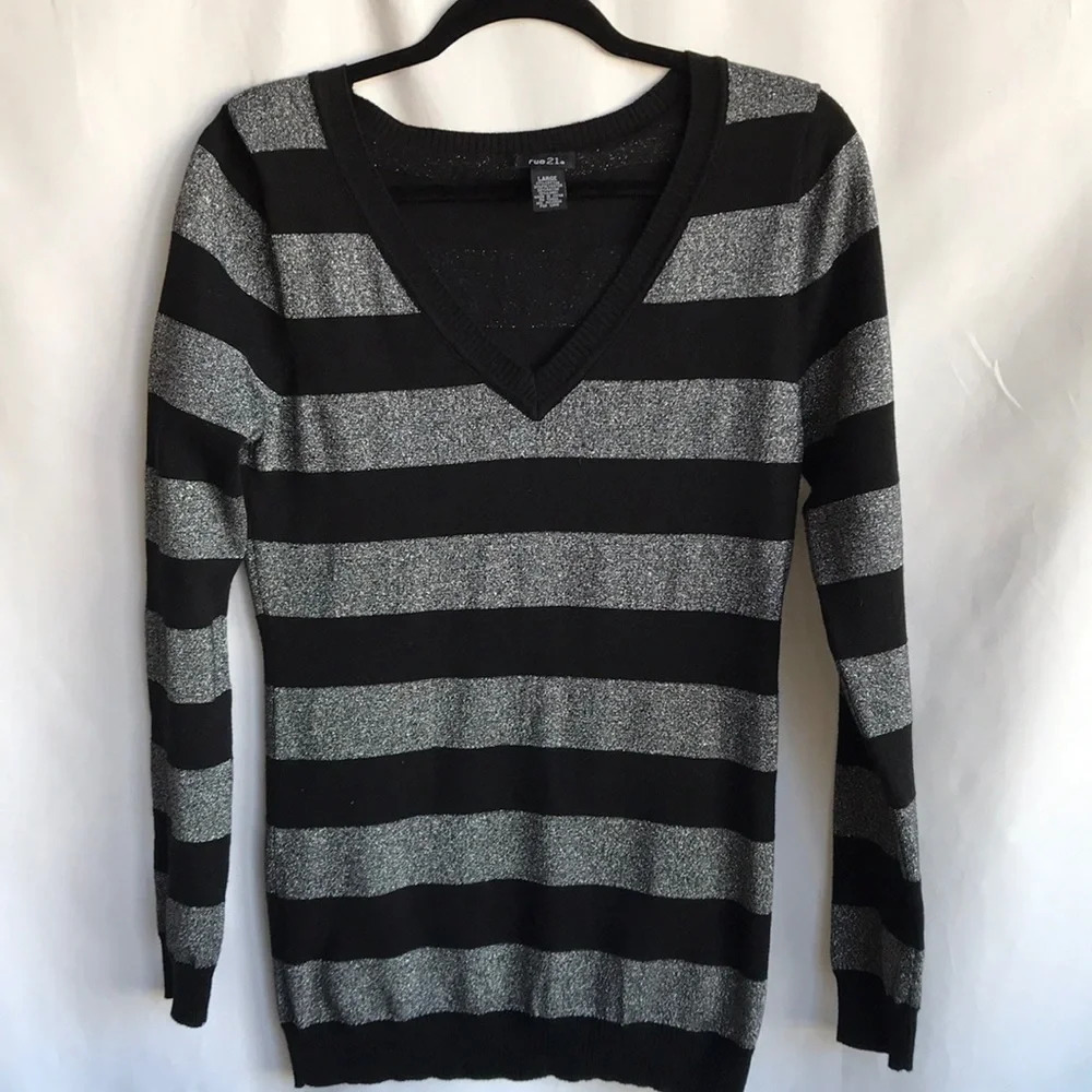 Rue 21 black and sparkly silver striped V-neck sweater, size L